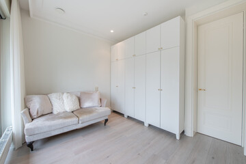 Modern Home Living Room Interior. Luxurious Stylish Modern Apartment. Open Interior, Stylish Sofa, Scandinavian Design. Windows, White Wardrobe, Closet and Curtains. Balcony