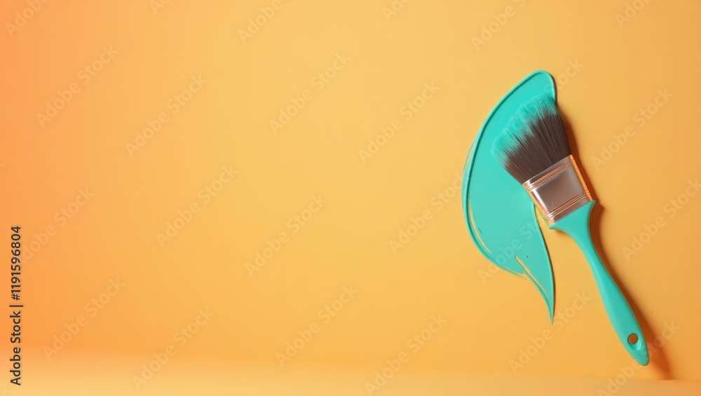 Poster turquoise paintbrush on right. soft orange background. copy space for text, 3d render ai generated d