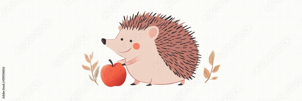 Fototapete illustrated hedgehog with a bright red apple on its back enjoys a sunny day in a whimsical forest se