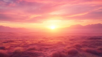 Obraz premium Stunning sunset landscape with majestic mountain peaks silhouetted against a vibrant colorful sky ablaze with warm hues of orange red and pink