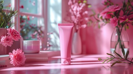 Empty tube of body cream with pink background