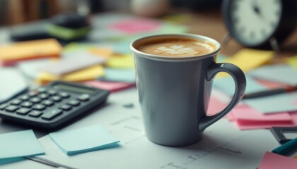 A cup of coffee with desk accessories and sticky notes on a wooden desk