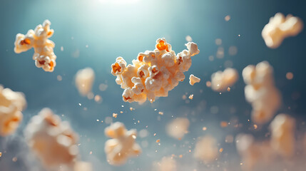 A single piece of popcorn levitating, representing a light and crispy snack perfect for relaxation.. Treetide. Illustration