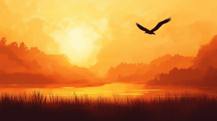Golden Sunset Landscape With A Solitary Bird In Flight