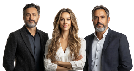 Stock image of Business professionals standing confidently and posing, on a transparent background. Concept of confidence, professionalism and corporate success