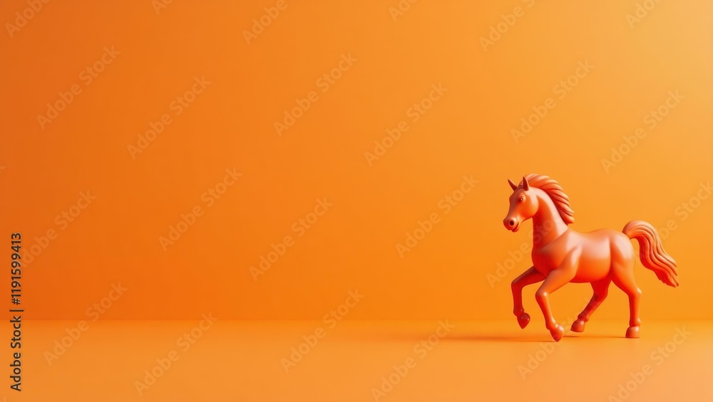 Poster tangerine carousel horse on right. soft red background. copy space for text, 3d render ai generated 