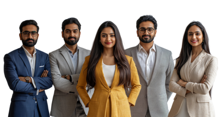 Young Indian business professionals posing in a mix of formal and traditional attire, blending modern professionalism with cultural heritage. Concept of Young and confident Indian talent 