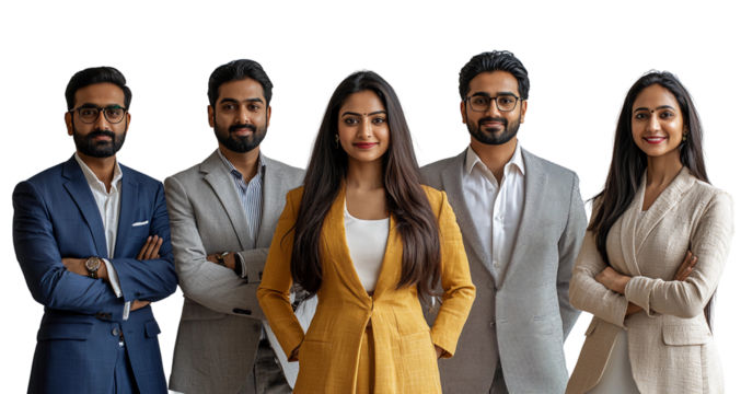 Young Indian business professionals posing in a mix of formal and traditional attire, blending modern professionalism with cultural heritage. Concept of Young and confident Indian talent 