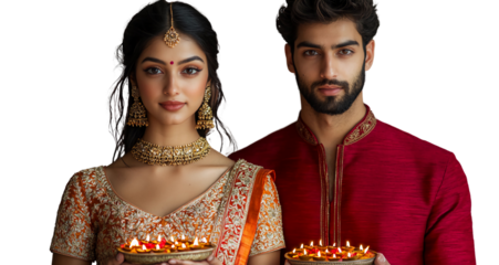 A joyful Indian couple in traditional Diwali attire, holding lit Diyas in their hands on a transparent background. Concept of festive decorations and spirit of Diwali celebrations.