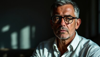 Obraz premium Portrait of a Man with Gray Hair and Glasses Looking Directly at the Camera