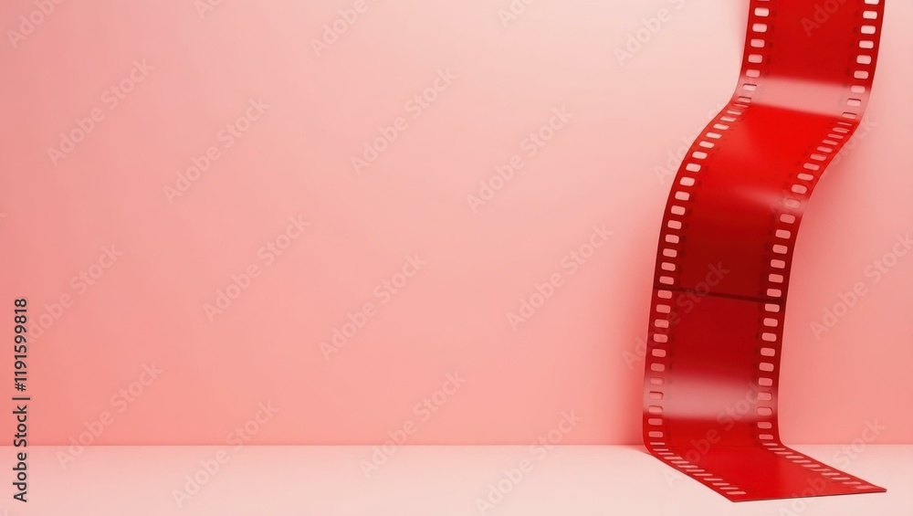 Poster rich cherry red animation film strip on right. soft red background. copy space for text, 3d render a