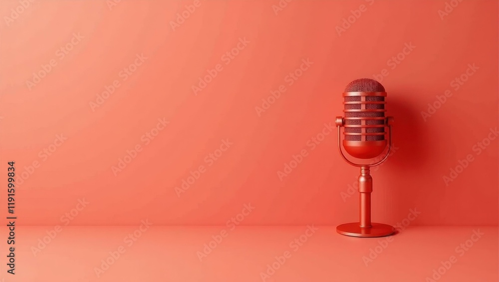 Poster rich garnet red old school microphone on right. soft red background. copy space for text, 3d render 
