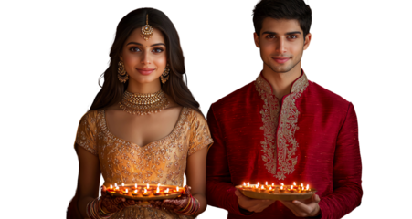 A joyful Indian couple in traditional Diwali attire, holding lit Diyas in their hands on a transparent background. Concept of festive decorations and spirit of Diwali celebrations. 