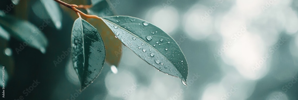 Poster Sparkling water droplets cling to the vibrant green leaves of a tree, creating a mesmerizing display of nature's beauty after a refreshing rain