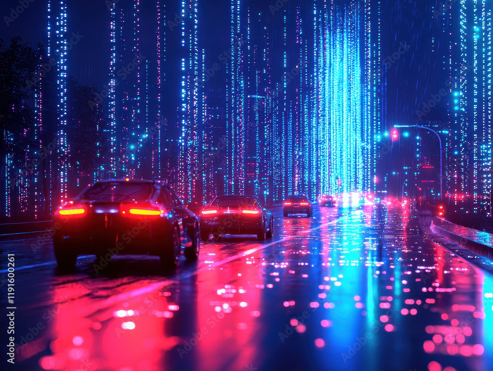 Poster futuristic city with automated recycling bots processing discarded electronics on illuminated smart 