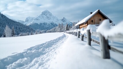 Fototapeta premium Snow-covered cabin in winter with mountain backdrop and clear sky