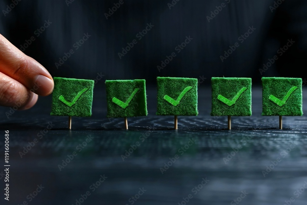 Poster close-up of a person's hand arranging green check mark signs in a row.