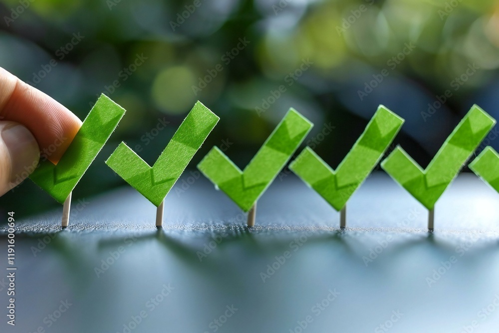 Poster close-up of a person's hand arranging green check mark signs in a row.
