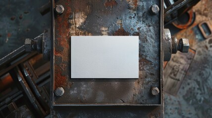 A white card is sitting on a rusty metal surface