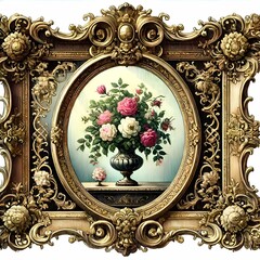 Elegant Rococo Frame with Classical Rose Still Life in Pink and Gold Tones