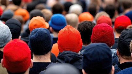 Crowd of people wearing colorful wool hats from behind Diverse ethnicities and gender