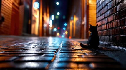 Cat sits alone on wet, illuminated cobblestone street at night