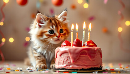 Fluffy citten with birthday cake with srawberries and candles.Backround with confetti.