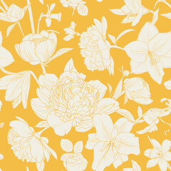 Yellow Floral Pattern with White Line Art of Peonies, Lilies, and Roses for Elegant  Vintage Wallpaper or Textile Design.