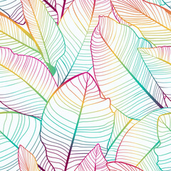 Tropical Banana Leaves Pattern with Vibrant Rainbow Gradient Line Art