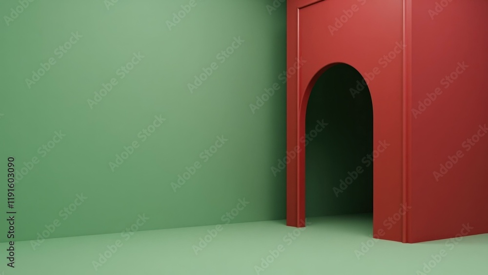 Poster garnet red vault on left. soft yellow background. copy space for text, 3d render ai generated design