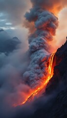 Obraz premium Volcanic Eruption with Lava Flowing Down a Cliff and Billowing Smoke Against Cloudy Sky