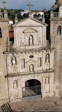 Viseu, Portugal - May 8, 2021: DRONE AERIAL FOOTAGE - The Viseu Cathedral (Se Catedral de Viseu) is the Catholic bishopric seat of the city of Viseu, in Portugal. 