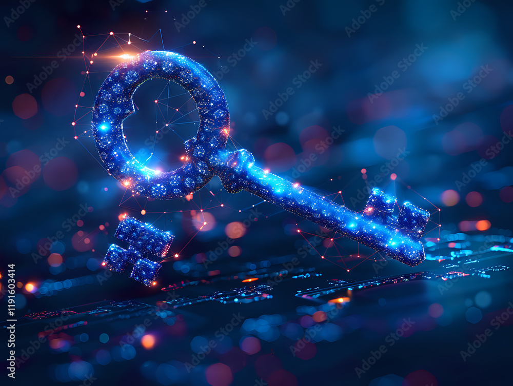 Poster magical glowing blue key with sparkles and light particles floating in dark space. perfect for secur