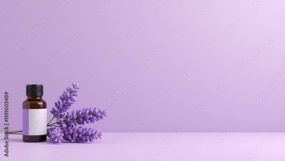 Poster lavender essential oils bottle on left. soft white background. copy space for text, 3d render ai gen