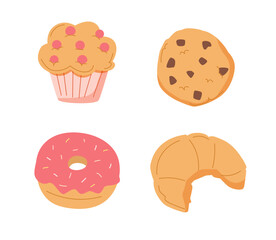 Sweet food doodle hand drawn vector icon set. Cake, cookies, croissant, cupcake, donut, chocolate. Sweet holiday bakery