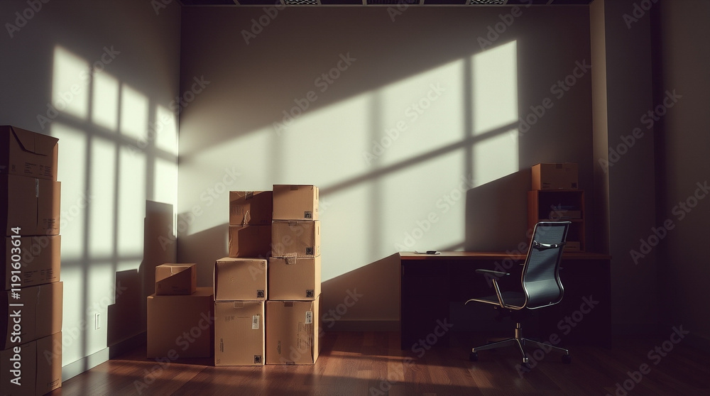 Poster sunlit room with stacked boxes and an office chair. ready for a move or new beginnings? this image e