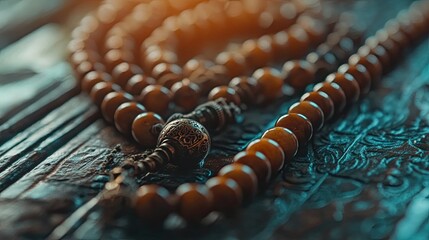 macro shot of The soft click of a tasbih, Close-up of red beads with golden accents, illuminated by warm light, creating a bokeh effect in the background.