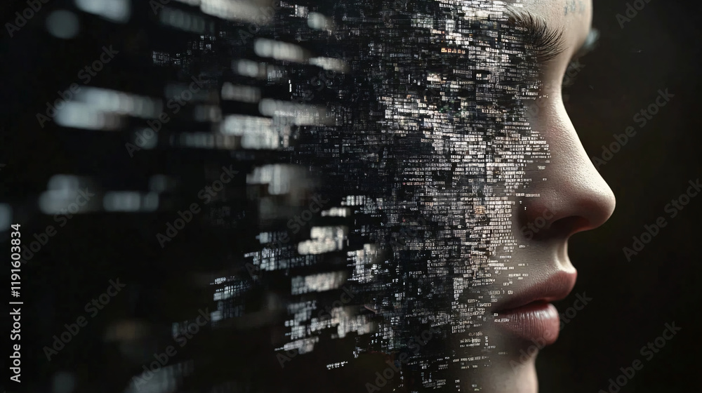 Poster a futuristic digital human face dissolving into abstract data fragments representing artificial inte