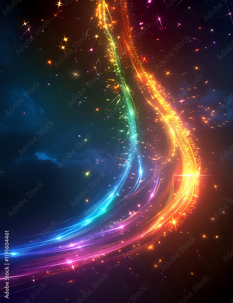 Poster vibrant rainbow light trails with sparkling particles create a dynamic curved path against a dark co