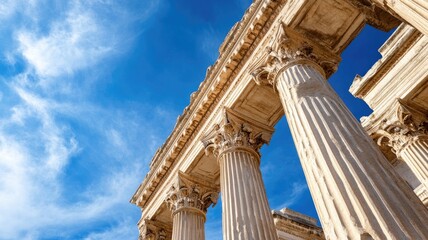Obraz premium Ancient Greek-style columns against blue sky, showcasing classical architecture