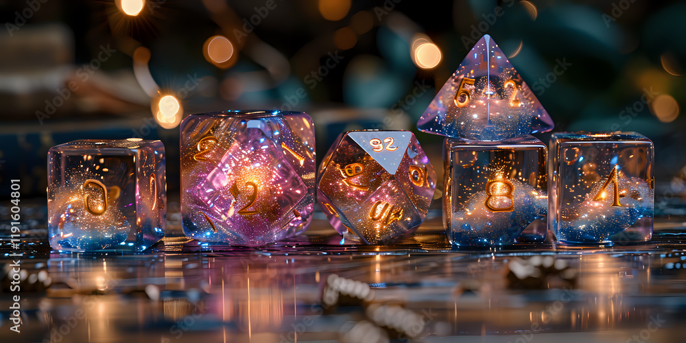 Poster glowing translucent polyhedral dice set with magical ethereal effect, perfect for tabletop gaming co