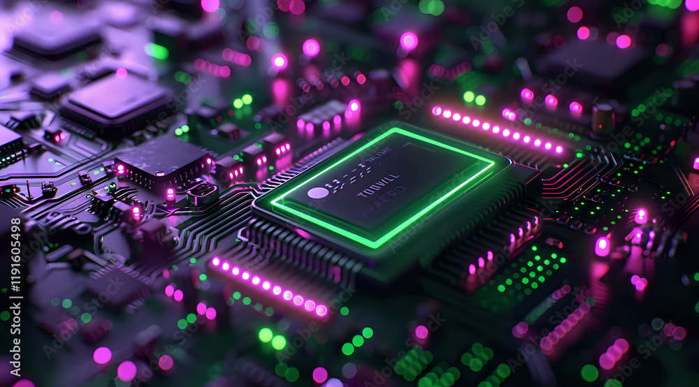 Poster modern computer processor on circuit board with neon green and pink lighting effects, perfect for te