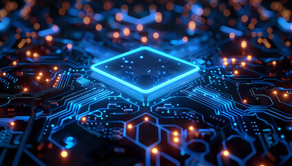 Glowing blue microprocessor on circuit board with futuristic lighting effects, perfect for technology, AI, and computing concepts. Digital innovation background for business presentations.
