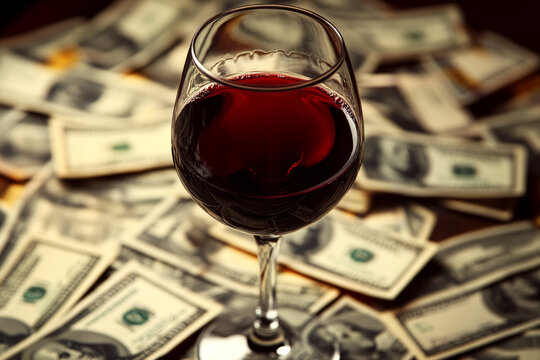 A glass of red wine rests on a bed of scattered dollar bills. Concept of luxury and wealth. For financial success themes.