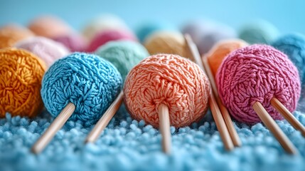 A Cheerful Collection of Colorful Crochet Hooks Surrounded by Soft Yarn on a Calm Blue Background