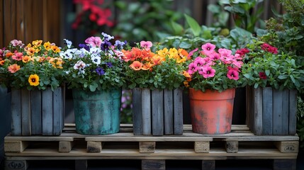 Fototapeta premium Transforming Recycled Wooden Pallets into Stunning Flower Pots: A DIY Guide for Gardening Enthusiasts with Colorful Arrangements