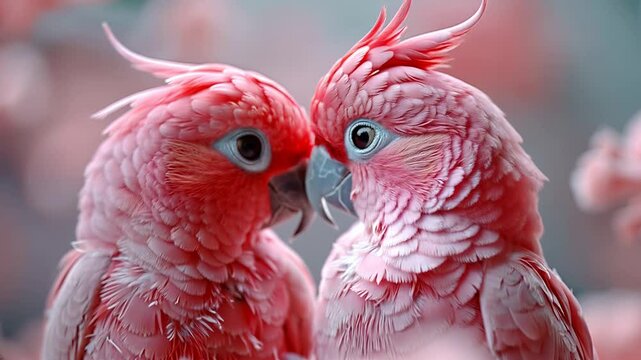 A loving couple of pink parrots look at each other tenderly. Expression of love. Family values. Congratulations on Valentine's Day, wedding, celebration.