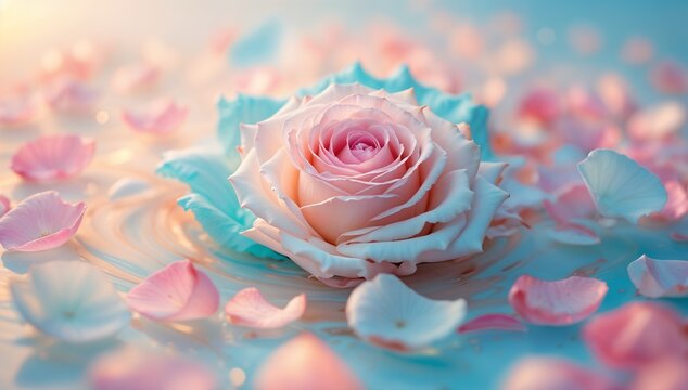 Close-up of a pink rose surrounded by soft petals in a tranquil pool of water with a dreamy atmosphere