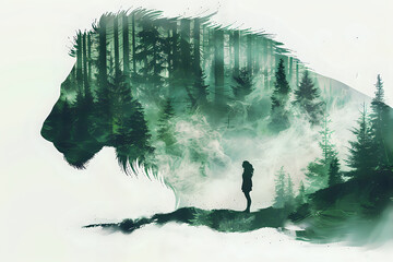 Double exposure artistic composition featuring silhouette of wild tiger and lone female figure against misty pine forest landscape in emerald green tones, perfect for nature connection themes.