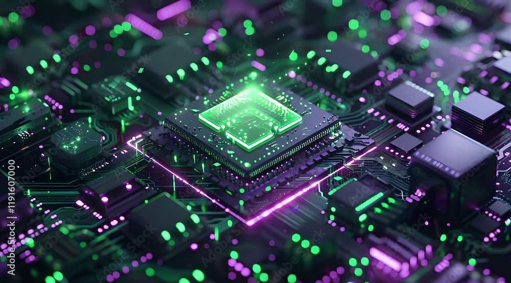 Poster modern computer processor with neon green and purple lighting effects on circuit board, perfect for 